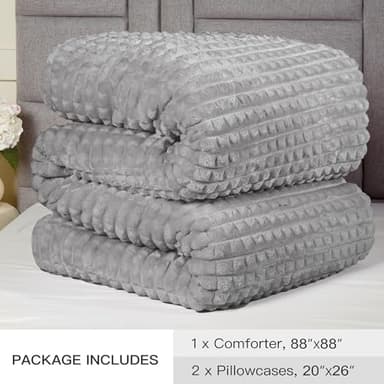 Plush & Plaid 3-Piece Queen Fluffy Fleece Comforter Set with 2 Pillowcases, Extra Soft Warm Winter Bedding Set for Men Women Kid, Thick Heavy-Weight Luxury Furry Bed Set for Boy Girl, Gray - Image 7