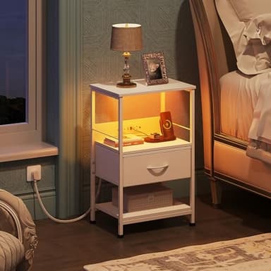 WLIVE White Night Stand with Charging Station, LED Nightstand with Adjustable Fabric Drawer, 3-Tier Storage Bedside Table, Small End Side Tables for Bedroom - Image 2