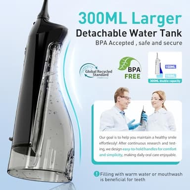 COSLUS Water Dental Flosser Teeth Pick: Portable Cordless Oral Irrigator 300ML Rechargeable Travel Irrigation Cleaner IPX7 Waterproof Electric Flossing Machine for Teeth Cleaning C20(F5020E) - Image 3