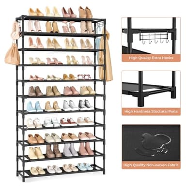 VILICK 11 Tiers Tall Wide Shoe Rack 55 Pairs Large Capacity Sturdy Durable Shoe Rack for Closet Metal Shoe Organizer Shelf with Two Hooks Space Saving for Entryway Black - Image 4