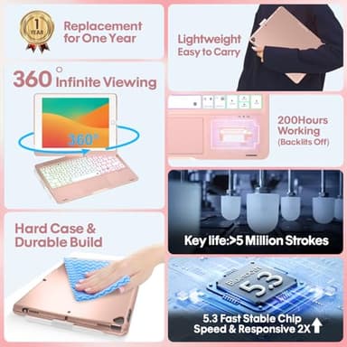 BABG iPad 9th Generation Case with Keyboard,360° Rotatable,Touchpad,Backlit Keyboard with Pencil Holder for 10.2 inch iPad 9th Gen 2021/ 8th Gen 2020/7th Gen 2019 and iPad Air 3/Pro 10.5"-Rose Gold - Image 3