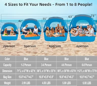 Beach Tent, Portable Sun Shelter for 2/3/4/6-8 Person with UPF 50+ UV Protection, Easy Setup Waterproof Beach Shade Canopy Cabana for Family Outdoor and Picnics, Fishing with Carrying Bag - Image 2