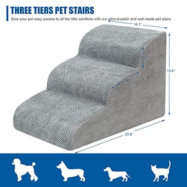 Dog Stairs for Small Dogs - High Density Foam Dog Ramp, Extra Wide Pet Steps with Non-Slip Bottom for High Beds, Couche and Sofa, Best for Dogs Injured, Older Doggy Cats (Grey, 3 Steps) - Image 2