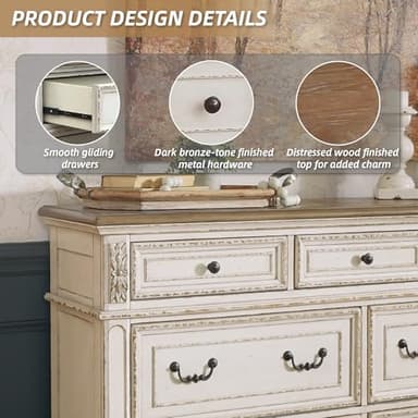 Signature Design by Ashley Realyn | French Country 7-Drawer Two-Tone Dresser – Fully Assembled, Decorative Corbels, Chipped White with Distressed Wood Top - Image 5