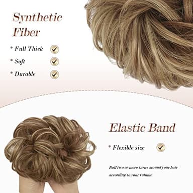 FESHFEN Messy Bun Hair Pieces - Large Wavy Curly Elastic Hair Bun Scrunchies Ponytail Extensions Synthetic Chignon Hairpieces for Women, Brown & Blonde 1.94oz - Image 4