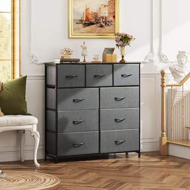 WLIVE 9-Drawer Dresser, Fabric Storage Tower for Bedroom, Hallway, Entryway, Closet, Tall Chest Organizer Unit with Fabric Bins, Steel Frame, Wood Top, Easy Pull Handle, Dark Grey - Image 9