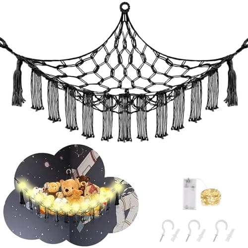 CERETIA Stuffed Animal Hammock with LED Light, Toy Hammock for Stuffed Animals Storage for Kids Room Decor, Stuffed Animal Hammock Corner, Black - Image 1