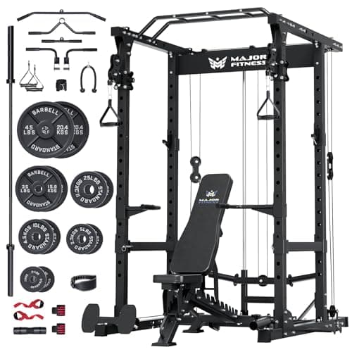 MAJOR FITNESS Drone1 Power Cage - Multi-Function Power Rack for Home Gym (Package (with 1300LBS Bench & 245lbs & Bar), Black) - Image 1