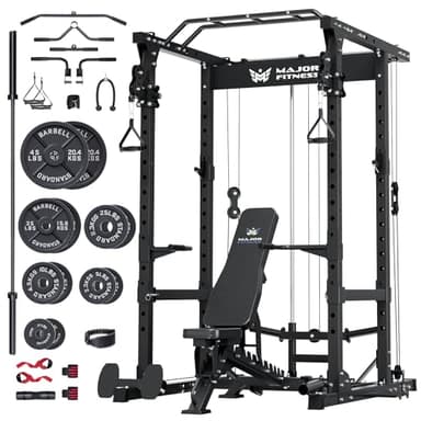 MAJOR FITNESS Drone1 Power Cage - Multi-Function Power Rack for Home Gym (Package (with 1300LBS Bench & 245lbs & Bar), Black) - Image 1