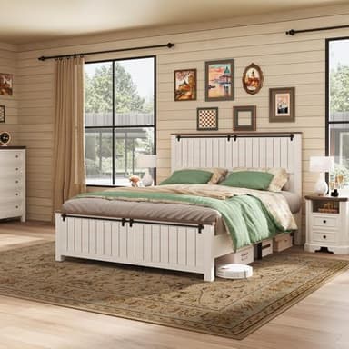 AMERLIFE Farmhouse Full Size Bed Frame with Sliding Barn Door, Wooden Rustic Platform Bed Frame with 47" Tall Headboard, Noise-Free, Solid Wood Slats & Metal Support, No Box Spring Needed, White - Image 8