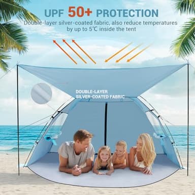 Elegear Beach Tent Sun Shelter with Canopy, 4-5 Person Pop Up Beach Tent, Easy Setup UPF 50+ UV Protection Portable Lightweight Double Silver Coating Beach Cabana Sun Shade Shelter - Sky Blue - Image 3