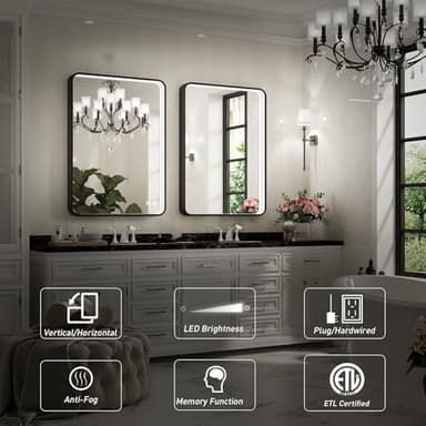 FTOTI 36x24 Inch LED Bathroom Mirror with Lights, Black Metal Frame Mirror, Wall Mounted Lighted Vanity Mirrors for Wall, Anti Fog Dimmable Led Mirror for Makeup - Image 3