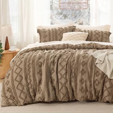 Bedsure Tufted Boho Comforter Set King Size - Light Brown Boho Bed Set, GentleSoft™ 3 Pieces Farmhouse Shabby Chic Embroidery Bedding, Gifts for Woman, Jacquard King Comforter for All Seasons - Image 1