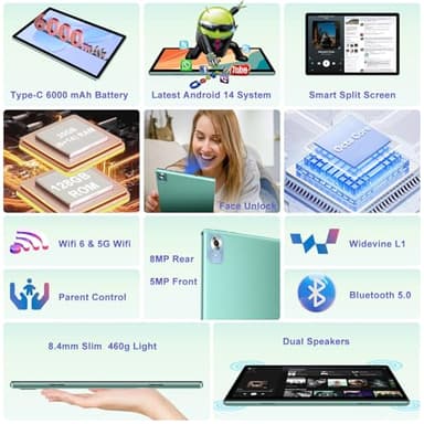 2025 Android 14 Tablet with Keyboard 20GB+128GB+1TB Expand, 10.1 Inch Octa-Core 2-in-1 Tablets with HD IPS Display, 5G WiFi 6, 6000mAh Battery, BT5.0, Split Screen, Widevine L1, Mouse, Case -Green - Image 3