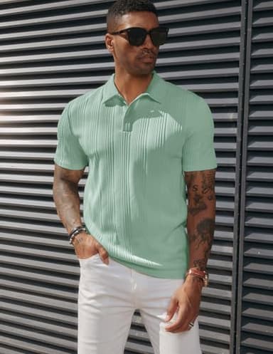 PJ PAUL JONES Mens Polo Shirts Short Sleeve Textured Golf Polo Shirts Mint Green - Image 4