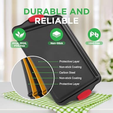NutriChef 3-Piece Nonstick Kitchen Oven Baking Pans - Premium & Stylish Non-Stick Steel, Commercial Grade Restaurant Quality Metal Bakeware with Red Silicone Handles - Easy to Clean, NCSBS3S - Image 3