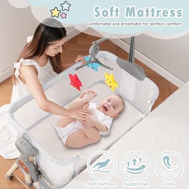 Rocking Baby Bassinet, Bedside Bassinet for Baby, 3 in 1 Bedside Sleeper with Musical Toys, Storage Basket and Wheels, Adjustable Bedside Crib for Newborn, White - Image 5