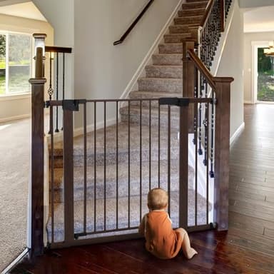 BABELIO 29-40" Metal Baby Gate with Black Wood Pattern, Auto Close Dog Door for The House、Stairs and Doorways, Pressure Mounted Pet Barrier, with Wall Protectors and Extenders - Image 2