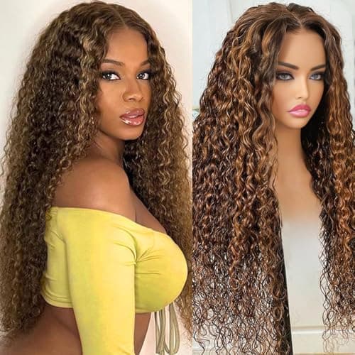 ADESORAES 26 Inch Honey Blonde Wigs Human Hair 180% Density 4/27 Highlight Ombre Lace Front Wigs 100% Human Hair Water Wave Lace Frontal Wigs Pre Plucked Wet and Wavy Curly Human Hair Wig - Image 1