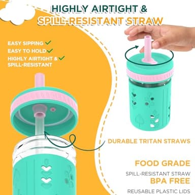 Tronco 8 oz Glass Sippy Cup for Toddlers, Kids Mason Jar Smoothie Cup with Silicone Sleeves & Spill Resistant Flexible Straw, Snack Cup, BPA-Free, Dishwasher Safe - Image 3