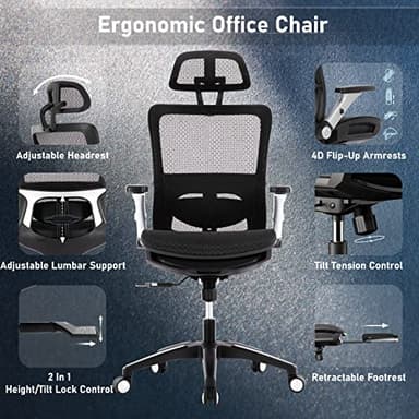 COLAMY Ergonomic Mesh Office Chair with Footrest, High Back Computer Executive Desk Chair with Headrest and 4D Flip-up Armrests, Adjustable Tilt Lock and Lumbar Support-Black - Image 10