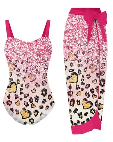 UNIFACO Girls Bathing Suit Size 10-12 One Picee Leopard Swimsuit with Beach Cover ups Kids 2 Piece Swimwear Sets - Image 1