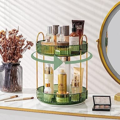 Weidace 360 Rotating Makeup Organizer for Vanity, Bathroom Countertop Spinning Perfume Organizer, High-Capacity Cosmetic and Skincare Dresser Make Up Holder Rack (2 Tiers, Green) - Image 1