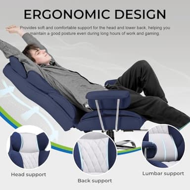 GTRACING Gaming Chair,Office Chair with Pocket Spring Lumbar Support, Ergonomic Comfortable Wide Office Desk Computer Chair with Outward Fixed Soft Armrests and Footrest (Fabric, Dark Blue & White) - Image 4