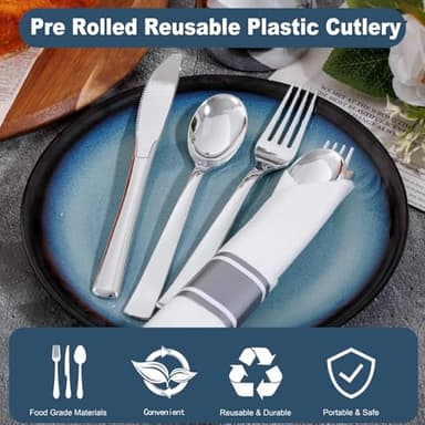 Joyido 400PCS Pre Rolled Silver Plastic Silverware Sets - Heavy Duty Silver Cutlery - Include 100 Pack Wrapped Disposable Utensils with Napkins for Parties & Dinners & Weddings - Image 5