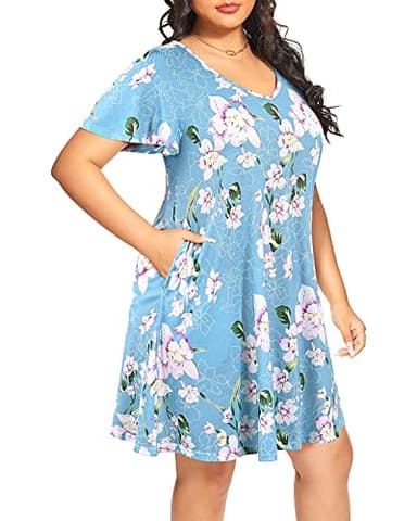Pinup Fashion Plus Size Dress Women Hawaiian Tshirt Blue Floral Pockets Casual Summer Swing Beach Sundresses Short Sleeve Tie Back - Image 3