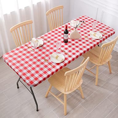 Smiry Rectangle Picnic Table Cloth, Elastic Waterproof Fitted Vinyl Tablecloths, Flannel Backed Buffalo Plaid Table Covers for Dining, Camping, Outdoor (White and Red, 30" x 72") - Image 8