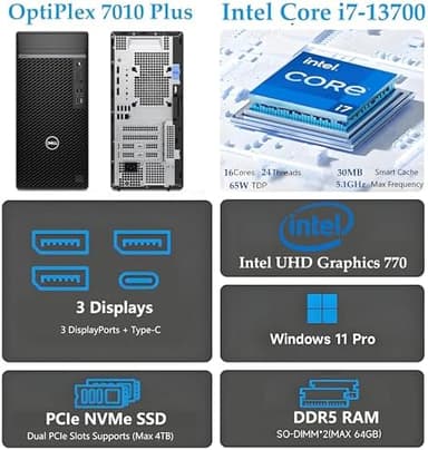 Dell OptiPlex 7010 Plus 7000 Tower Premium Business Desktop Computer, 13th Gen Intel 16-Core i7-13700, 64GB DDR5 RAM, 1TB PCIe SSD, RJ-45, 3 DisplayPorts, Type-C, 9 USB, Windows 11 Pro - Image 4