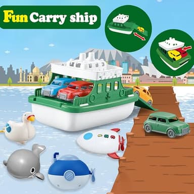 OKGIUGN Ferry Boat with 4 Car and 4 Wind Up Bath Swimming Toys, Kids Bath Toy Floating Vehicle Whales Submarines Swans Rockets, Bathtub Bathroom Pool Beach Toy Set for Toddlers Boys Girls - Image 2