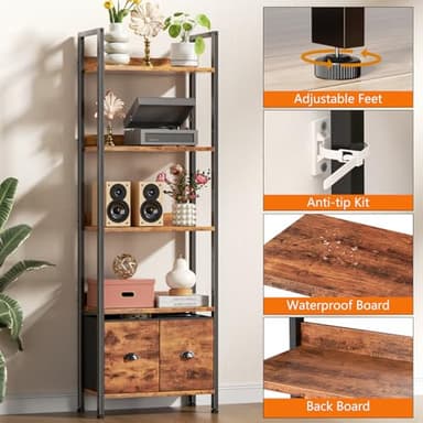 Furologee 5-Tier Bookshelf, Tall Bookcase with 2 Storage Drawers, Adjustable Industrial Display Standing Shelf Units, Wood and Metal Storage Rack for Living Room, Bedroom, Home Office Rustic Brown - Image 6
