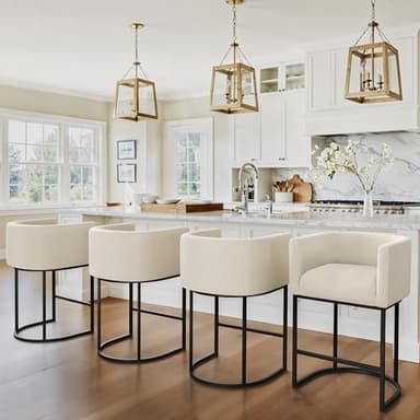 LUE BONA 27" H Counter Height Bar Stools Set of 3, Modern Barrel Counter Stools with Backrest and Arms, Black Metal Frames, Linen Fabric Upholstered Accent Barstools for Kitchen Island, Linen Color - Image 1