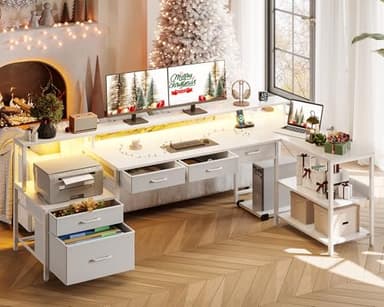 AODK L Shaped Desk with 5 File Drawers, 75" Reversible L Shaped Computer Desk with Power Outlet & LED Strip, Office Desk with Storage Shelves, Gaming Table with Monitor Shelf, Corner Table, White - Image 2