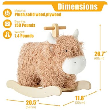 Baby Rocking Horse for 1 Year Old,Wooden Cow/Yak Horse Rocking with Wicker Plush Wooden Ride On Toy for 2 Years Old Girl&Boy Nursery Birthday Gift - Image 2