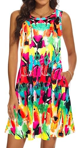 Summer Dresses for Women 2025 Casual Sundresses Beach Cover Ups Sleeveless Tshirt Swing Dress with Pockets 2X-Large Rainbow - Image 1
