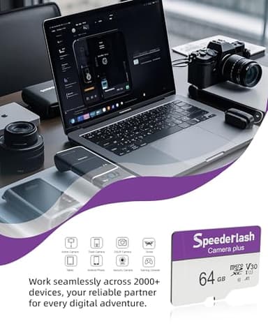 Micro SDXC Memory Card 64GB 2 Pack, Speederlash Camera Plus TF Card with Adapter, Up to 90MB/s Read Speed, 4K UHD&5K Video Support, U1 V30 A1 Rated, Waterproof, for Security Camera, Dashcam, Drones - Image 3