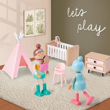 Giant bean 36pcs Wooden Dollhouse Furniture Set with Dolls for 5 Rooms, Wood & Plastic Pink Dollhouse Accessories Pretend Play Furniture Toy Christmas Birthday Gift Toy for Kids Boys Girls Toddler 3+ - Image 6