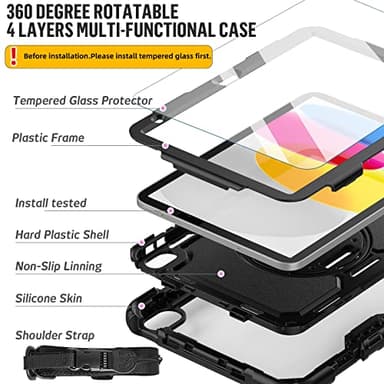 BLOSOMEET Case for iPad A16 11th/10th Generation 11''/10.9'' 2025/2022 with Tempered Glass Screen Protector & Pencil Holder, Rugged Military Grade Cover w/Stand Hand Shoulder Strap, Black - Image 3