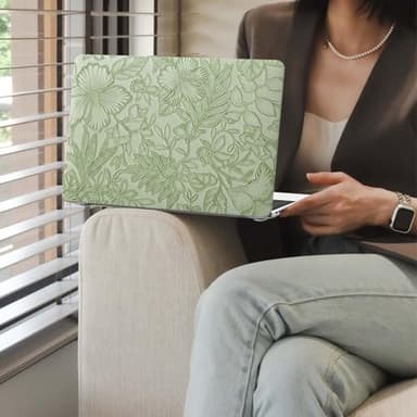 iCasso Compatible with MacBook Air 13 inch Case 2020-2018 Release A2337 M1 A2179 A1932, Texture Leather Plastic Hard Shell Case + Keyboard Cover + Screen Protector, Green Embossed Floral - Image 5