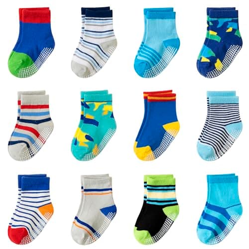 AMENLAN Toddler Non Slip Grips Socks Kids Anti Skid Baby Boys Girls Cotton Crew Socks 12 Pairs (Colored Stripes, 1-3 Years) - Image 1