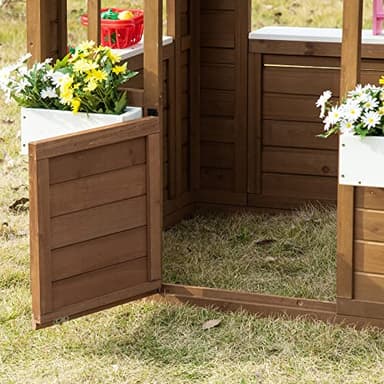 Outsunny Kids Wooden Playhouse, Outdoor Garden Games Cottage, with Working Door, Windows, Flowers Pot Holder, 47" x 38" x 54" - Image 8