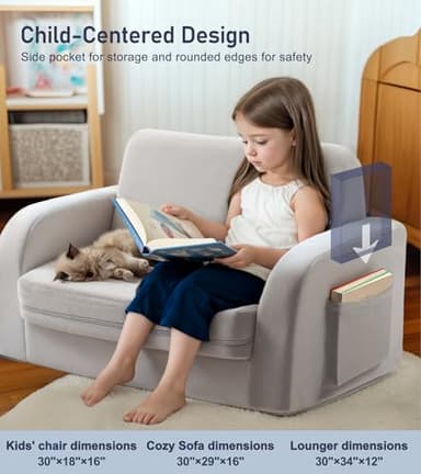 3-in-1 Extra Wide Convertible Kids Couch, Flip Open Toddler Couch to Lounger, Comfy Toddler Chair, Machine-Washable Kids Sofa for Girls, Kid Sofa Bed for Fun Playtime or Comfy Lounging, Gray - Image 7