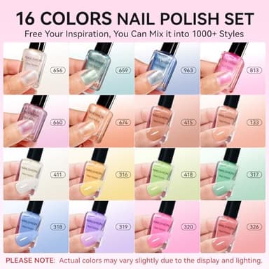 Nailshion Nail Polish Set, 16 Colors Bulk Toe Fingernail Nail Polish with Clear Base Top Coat & Remover Pads, Hema-free, Air Dry Non Gel, VE Formula, Glitter Holographic Macaroon Nude Peach Pink - Image 2