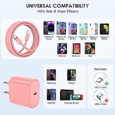 QZVOO iPhone 14 13 12 Charger Fast Charging with Cable 10 ft, Apple Fast Charger Cord with 20W Charger Block, USB C to Lightning Cable for iPhone 14 Pro Max /13/12/11/XS/SE/iPad/AirPods-Pink ZYH-J15 - Image 7