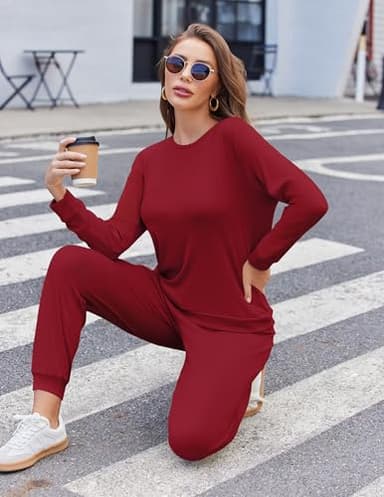Ekouaer Womens Ribbed Knit Pajama Sets 2 Piece Jogger Pjs Long Sleeve Sleepwear Round Neck Soft Lounge Sets with Pockets Wine Red Large - Image 5