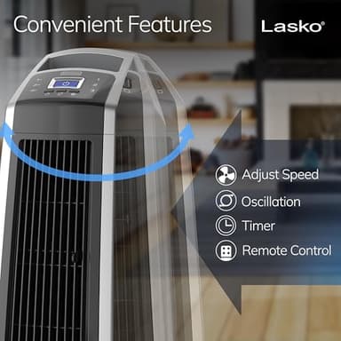 Lasko High Velocity Oscillating Tower Fan for Bedroom, Garage, Basement, and Gym with Remote Control, Timer, 3 Powerful Speeds, 35" Silver/Black, U35115 - Image 4