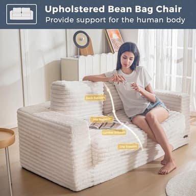 MAXYOYO Giant Bean Bag Chair for Adults, Upholstered Loveseat Floor Sofa with Pillows and Armrests, Large Bean Bag Sofa Plush Chair Couch for Bedroom Living Room, White - Image 5